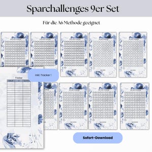 Könnte beinhalten: Ein Set aus neun druckbaren Spar-Challenges mit floralem Design in Blautönen. Jede Karte zeigt ein Raster aus Kreisen zur Verfolgung von Sparzielen. Enthält ein Tracker-Blatt und den Text "Sparchallenges 9er Set" und "Sofort-Download".