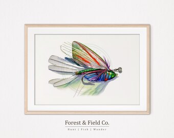Lake House Fly Fishing Art - Printable Watercolor Wall Decor, Digital Fishing Scene