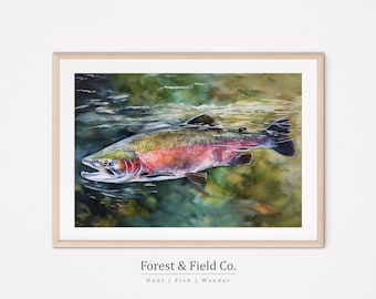 Rainbow Trout Serenity Watercolor Painting - Printable Wall Art for Fishing Lodge Decor