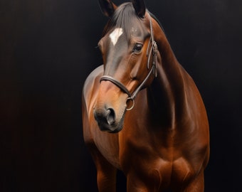 May include: A portrait of a brown horse with a white diamond-shaped marking on its forehead. The horse is wearing a brown bridle and is set against a black background. The horse's coat is glossy, and the image is well-lit.