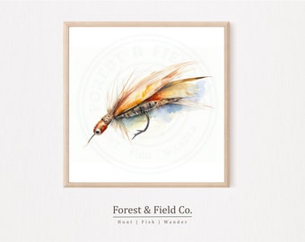 Fly Fishing Scene Wall Art - Lake House Digital Print, Watercolor Fishing Decor, Downloadable Artwork