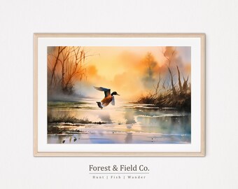 アヒル狩りのアートプリント：水彩画の湿地風景（デジタルダウンロード）