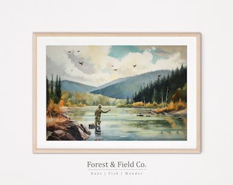 Vintage Fly Fishing Art Print: Lake House Nature Painting (Digital Download)