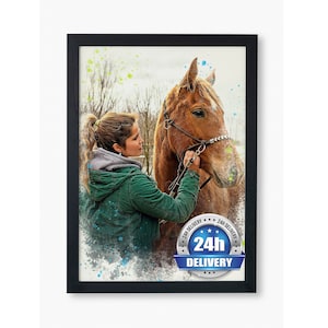 Opera d'arte personalizzata di cavalli, ritratto di cavallo e cavaliere, idea regalo unica per il proprietario di cavalli, regalo per amanti dei cavalli, commissione di ritratto di cavallo, acquerello