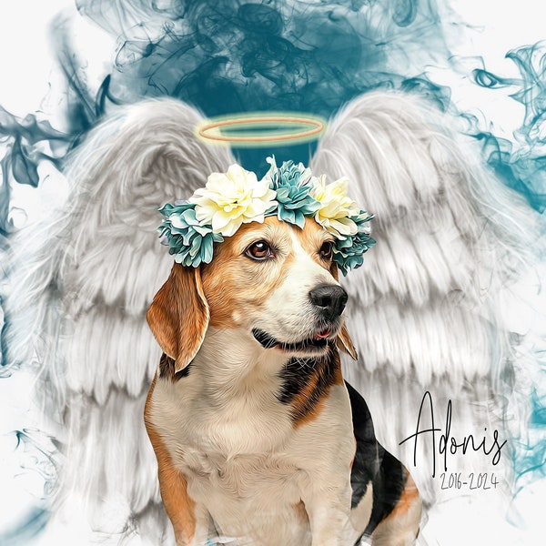 Pet Loss Memorial Portrait with Angel Wings and Halo,deceased pet, dog oil painting ,watercolor painting from photo,cat memorial frame,gift
