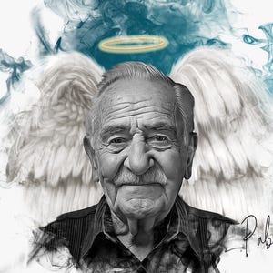 Ritratto ad acquerello personalizzato con ali d'angelo e aureola - Arte digitale personalizzata per onorare e custodire i propri cari - Regalo commemorativo unico
