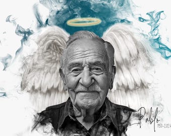 Custom Memorial Portrait with Angel Wings – Watercolor Digital Art