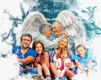 May include: A family portrait with a blue and white smoke background. The family is smiling and standing together. The text "Freeman Family" is written in white at the top of the image.
