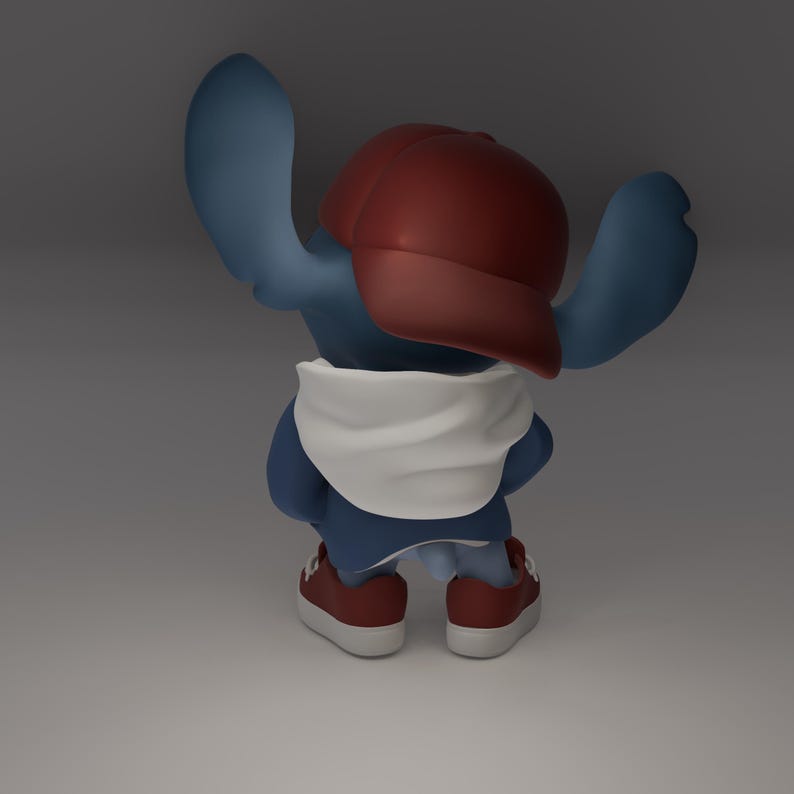 May include: A blue cartoon character wearing a red baseball cap, white scarf, and red sneakers with white soles. The character is facing away from the viewer, with arms raised. The figure is a 3D render.