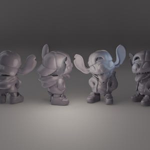 May include: Four gray figurines of a cartoon character, each in a different pose. The character has large ears, a baseball cap, and a hoodie. The figurines are on a gray surface.