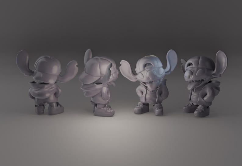 May include: Four gray figurines of a cartoon character, each in a different pose. The character has large ears, a baseball cap, and a hoodie. The figurines are on a gray surface.
