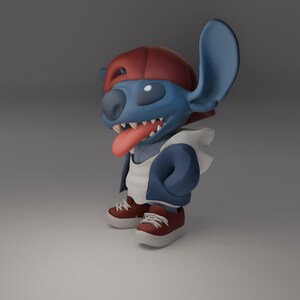 May include: A 3D rendered figure of a blue alien-like creature wearing a red baseball cap, a white hoodie, and a blue jacket. The figure has a long pink tongue sticking out and is wearing red sneakers.
