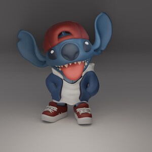 May include: A blue cartoon character with large ears, wearing a red baseball cap, white hoodie, and red sneakers. The character has a pink tongue sticking out and is smiling. The figure is posed with arms bent at the elbows.