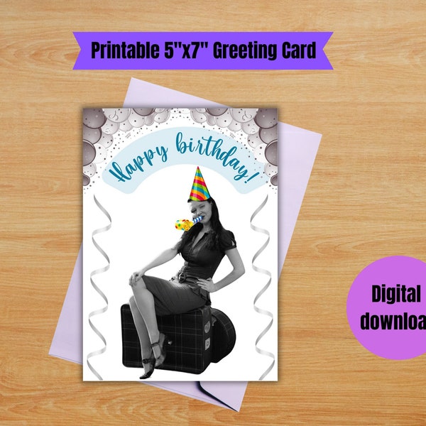 Celebration in Monochrome: Black and white Birthday Greetings Card.  Whimsical Birthday Greeting Card with a Pop of Colour.