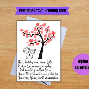 Carte d'anniversaire imprimable pour femme. Carte d'anniversaire romantique pour femme Carte d'anniversaire de mari. Carte d'anniversaire avec des mots romantiques pour femme.