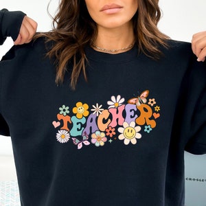 Retro sweater leraar, sweater Flower Teacher - hoodie, Teach-sweater, Floral Teacher Appreciation Gift, schoolshirt- SC021