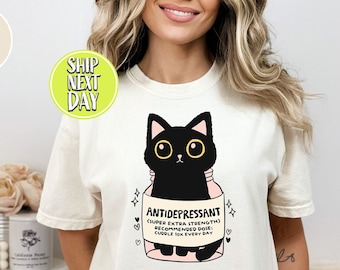 Camiseta engraçada de gato preto antidepressivo, camiseta amante de animais, presente para terapeuta, camiseta mãe de gato, camiseta de psicologia, camisetas de saúde mental - RM049