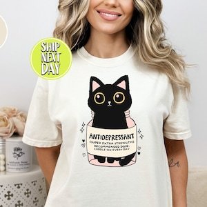 Grappig antidepressivum zwarte kat T-shirt, dierenvriend T-shirt, cadeau voor therapeut, shirt kattenmoeder, T-shirt psychologie, T-shirts geestelijke gezondheid - RM049
