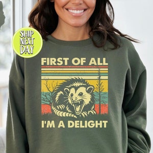 First Of All I&#39;m A Delight Sarcastic Sweatshirt, Opossum Lover Gift, Funny Animal Sweater, Angry Possum Hoodie, Sarcastic Sweatshirt -FUN046