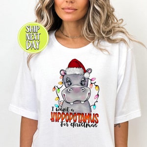 Camiseta Eu quero um hipopótamo para o Natal, camiseta amante de hipopótamos, camiseta de hipopótamo de Natal, camiseta com luzes de Natal, camiseta para festa de fim de ano-CC111