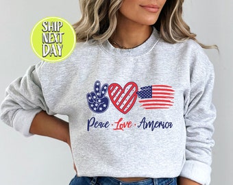 Peace Love America 4th of July Independence Day Hoodie, Patriotic Sweatshirt, USA Sweater, American Flag Sweater, Gift For American - JUL031