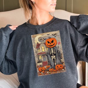 Spooky Cartoon Pumpkin Head Skeleton Halloween Sweatshirt, Funny Halloween Sweater, Spooky Season Hoodies, Scary Skeleton Sweatshirt - HC176