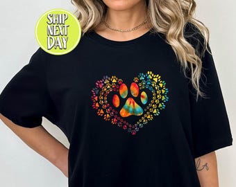 Dog Paw Heart Shirt – Rainbow Paw Print Tee – Pet Lover Shirt – Dog Mom Shirt – Cat Lover Gift – Animal Lover Tie Dye Paw Shirt - AF047