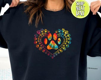 Tie Dye Love Dog  Paw Heart Sweatshirt – Dog Lover Hoodie – Pet Lover Sweatshirt – Colorful Paw Print Hoodie – AF47