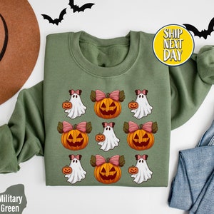 Halloween Cute Ghost Pumpkin Bow Sweatshirt, Coquette Halloween Shirt, Pumpkin Coquette Bow Hoodie, Halloween Gifts, Halloween Party - HC137