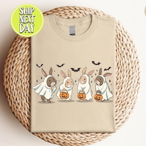 Maglietta divertente con conigli fantasma di Halloween, maglietta con coniglio carino, regalo per gli amanti degli animali, regalo di Halloween per gli amanti dei conigli, maglietta con coniglio spettrale, maglietta con coniglietto - HC133