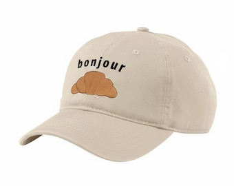 Gorra de béisbol bordada con croissant "Bonjour": divertida gorra de comida francesa, adorable gorra para papá, regalos para viajar a París, gorra para amantes del pan - SH001
