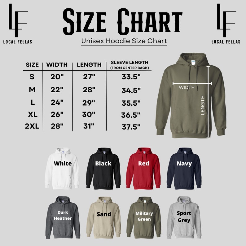 May include: Size chart for unisex hoodies, with measurements in inches. The chart includes sizes S to 2XL, with width, length, and sleeve length measurements. The image also displays hoodies in various colors: white, black, red, navy, dark heather, sand, military green, and sport grey.
