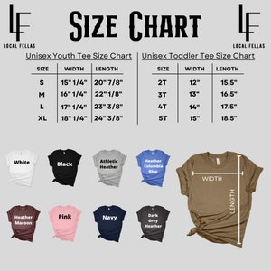以下が含まれることがあります： 子供用と幼児用のTシャツのサイズ表です。表には、サイズ、幅、長さがインチで表示されています。画像には、白、黒、ヘザーグレー、ヘザーマロン、ピンク、ネイビー、ダークグレーヘザーなど、さまざまなTシャツの色も表示されています。