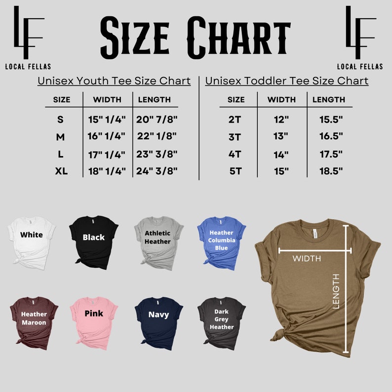 以下が含まれることがあります： 子供用と幼児用のTシャツのサイズ表です。表には、サイズ、幅、長さがインチで表示されています。画像には、白、黒、ヘザーグレー、ヘザーマロン、ピンク、ネイビー、ダークグレーヘザーなど、さまざまなTシャツの色も表示されています。