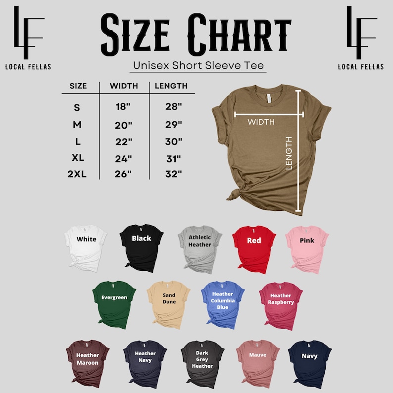 以下が含まれることがあります： インチで測定されたユニセックスの半袖Tシャツのサイズチャート。チャートは、サイズS、M、L、XL、2XLのTシャツの幅と長さを示しています。画像には、白、黒、アスレチックヘザー、赤、ピンク、エバーグリーン、サンドデューン、ヘザーコロンビアブルー、ヘザーラズベリー、ヘザーマロン、ヘザーネイビー、ダークグレーヘザー、モーブ、ネイビーなど、Tシャツのさまざまな色が表示されています。