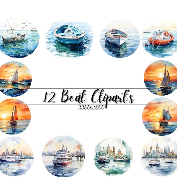 12 Watercolor Boat Clipart set- Instant Download for Commercial Use- Watercolor Sunset- Boat Clipart- Watercolor Clipart- Ai art-AI painting