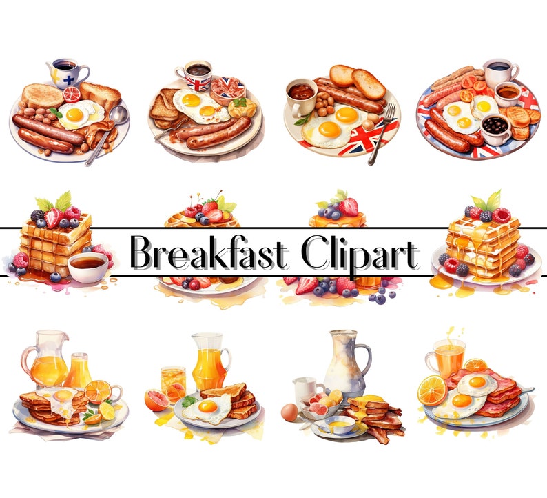 Watercolor Breakfast Clipart Instant Download for Commercial Use-For Presentations, High Quality PNG, Breakfast Clipart, Breakfast PNG, AI. image 1