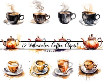 12 Watercolor Coffee Clipart Images- Instant Download For Commercial Use- Scrap booking, Card-making, Coffee Watercolor Images, Kid Art.