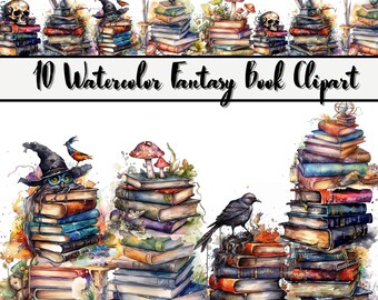 10 Watercolor Fantasy Book Clip arts, cute bookshop, magic books clipart, book clipart, book shop, reading clipart, scrapbooking shop, ai.