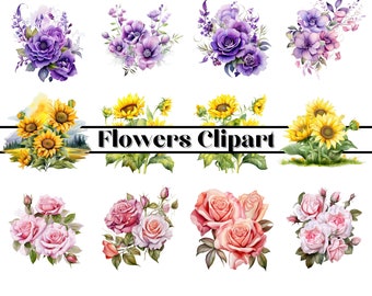 12 Watercolor Flower Clipart- Instant Download for Commercial use, Watercolor Flower Clipart, Rose Clipart PNG, Alluid flower, Sunflower PNG