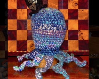 Handmade Multicolor Crochet Steampunk Octopus - Blue-Multi Color- Plushie - Sea Inspired Toy