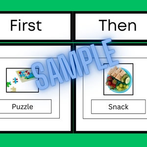 May include: A visual schedule with the words "First" and "Then" at the top. The "First" section shows a puzzle, and the "Then" section shows a snack of crackers, strawberries, grapes, and cucumber slices. The word "Sample" is overlaid.