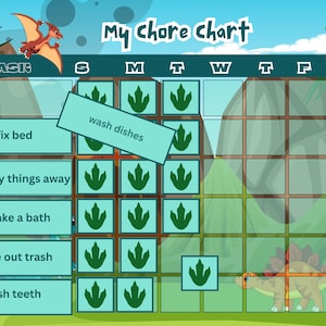 May include: A colourful dinosaur-themed chore chart with a grid of squares. Each square has a dinosaur footprint icon. The chart lists tasks such as "fix bed", "wash dishes", "put my things away", "take a bath", "take out trash", and "brush teeth".