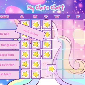 May include: A pink and purple chore chart featuring a unicorn design. The chart lists tasks such as "fix bed", "put my things away", "take a bath", "take out trash", and "brush teeth". Each task has a row of stars for each day of the week.