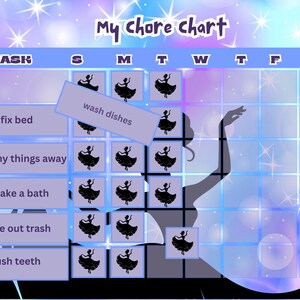 May include: A chore chart with a princess silhouette on a blue and purple background. The chart has a column for each day of the week and a row for each chore: fix bed, put my things away, take a bath, take out the trash, and brush teeth.