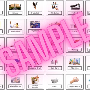 May include: A visual schedule with 25 images representing different activities, such as school, sensory play, cooking, and brushing hair. The images are organised in a grid format with black borders and white backgrounds.