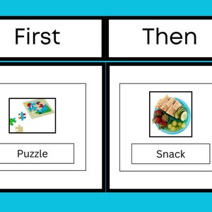May include: A visual aid for teaching sequencing with two images. The first image shows a colorful puzzle on a wooden base. The second image shows a blue container with a snack of fruit, crackers, and cucumber.