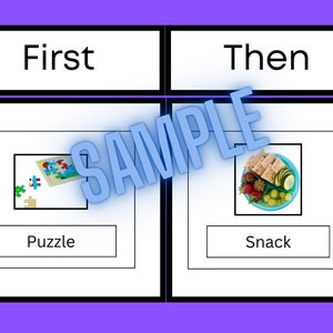 May include: A visual aid for teaching sequencing skills. The image shows two boxes with the words "First" and "Then" above them. The first box shows a puzzle and the second box shows a snack. The text "SAMPLE" is written across the image.