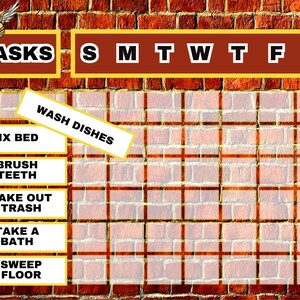 May include: A printable chore chart with a brick background and a golden snitch graphic. The chart has a list of chores: wash dishes, fix bed, brush teeth, take out trash, take a bath, and sweep floor. The days of the week are listed across the top: Sunday, Monday, Tuesday, Wednesday, Thursday, Friday, Saturday.