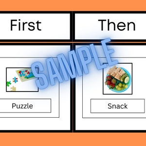 May include: A visual aid for teaching sequencing skills. The image shows two boxes, one labeled "First" and the other labeled "Then". The box labeled "First" shows a picture of a puzzle, and the box labeled "Then" shows a picture of a snack.